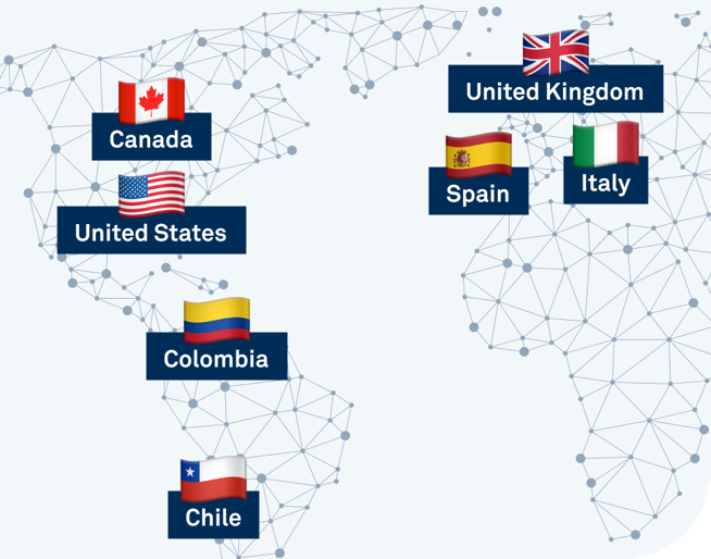 Canada, United States, Colombia, Chile, United Kingdom, Spain e Italy