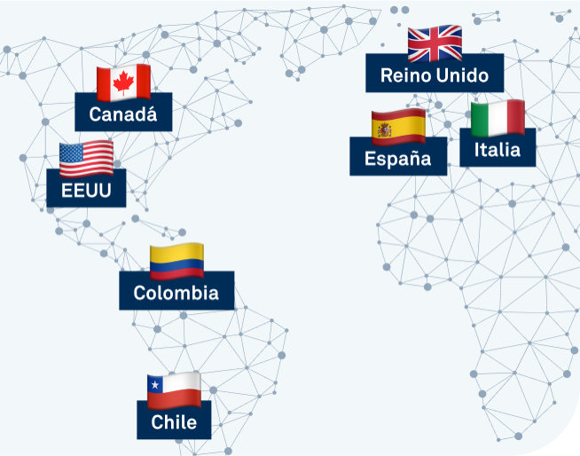 Canadá, EEUU, Colombia, Chile, Reino Unido, España e Italia