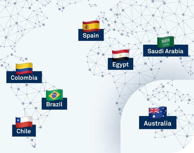 Colombia, Brasil, Chile, España, Egipto, Arabia Saudí y Australia